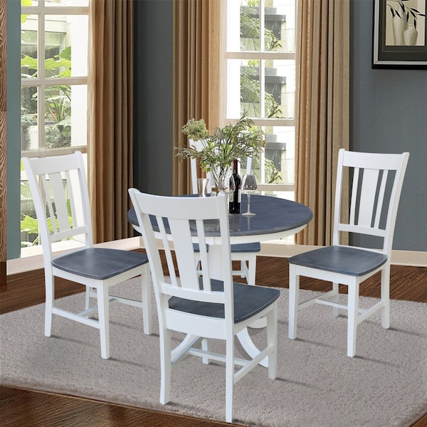 International Concepts 36 in. Solid Wood Round Top Pedestal Dining Table w/4 San Remo Dining Chairs in White/Heather Gray - K05-36RT-C10-4
