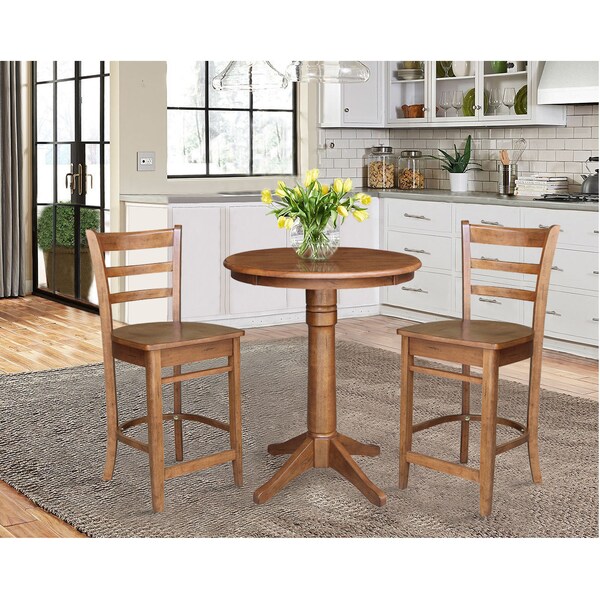 International Concepts Round 30 in Rd Top Pedestal Table, 2 Emily Counter Ht Stools, Distressed Oak, 30 in W, 30 in L, Wood - K42-30RT-27B-S6172-2