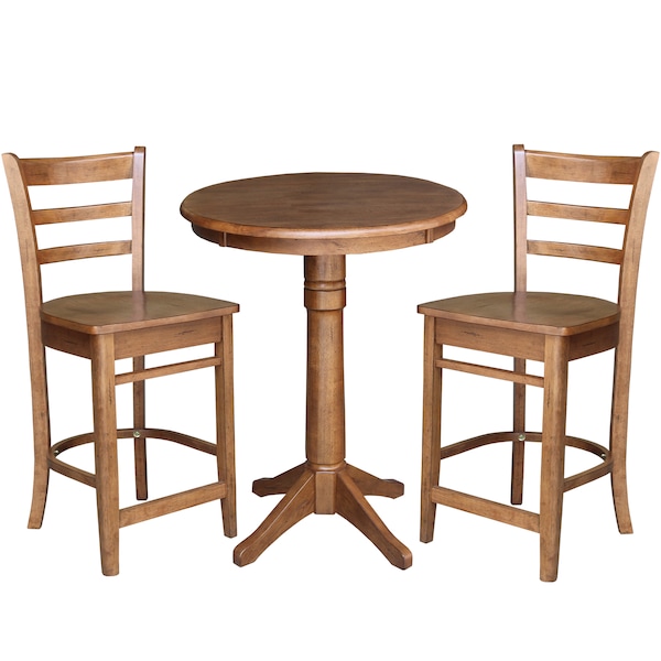 International Concepts Round 30 in Rd Top Pedestal Table, 2 Emily Counter Ht Stools, Distressed Oak, 30 in W, 30 in L, Wood - K42-30RT-27B-S6172-2