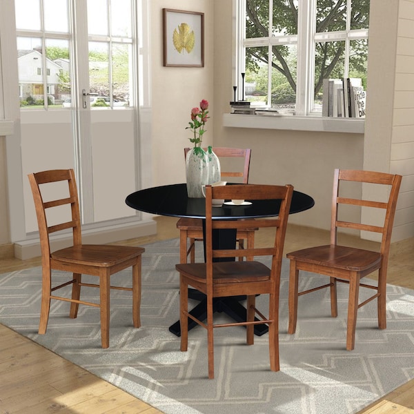 International Concepts 42 in. Solid Wood Dual Drop Leaf Dining Table with 4 Chairs in Black/Distressed Oak - K46-42DPT-23-C42-2-4