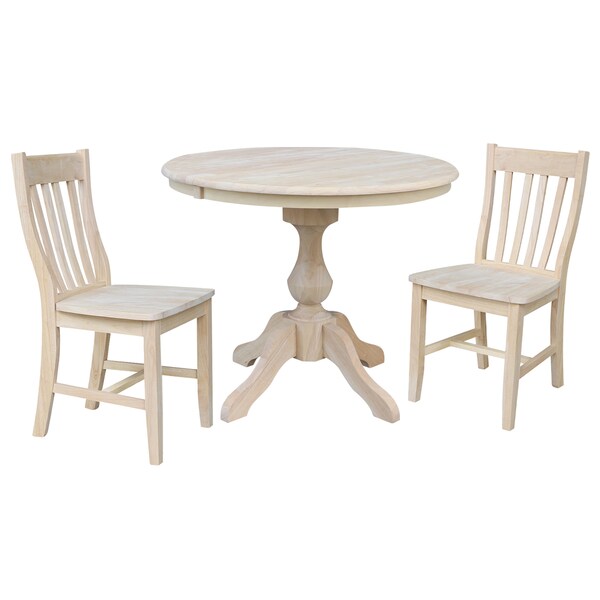 International Concepts Round 36 in Round Extension Dining Table with 2 Cafe Chairs, Unfinished, 36 in W, 48 in L, Wood - K-36RXT-11B-C61-2