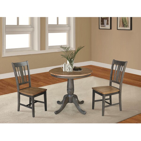International Concepts Round 30 in Rd Top Pedestal Table, 2 San Remo Chairs, Hickory/Washed Coal, 30 in W, 30 in L, Wood - K45-30RT-C10-2