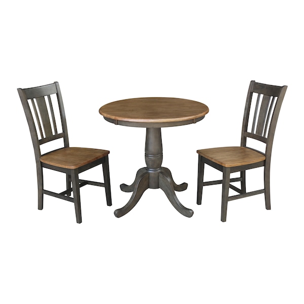 International Concepts Round 30 in Rd Top Pedestal Table, 2 San Remo Chairs, Hickory/Washed Coal, 30 in W, 30 in L, Wood - K45-30RT-C10-2