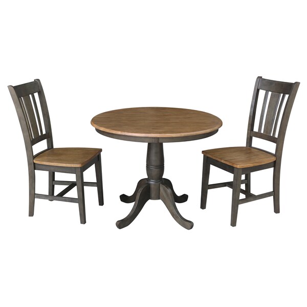 International Concepts Round 36 in Rd Top Pedestal Table, 2 San Remo Chairs, Hickory/Washed Coal, 36 in W, 36 in L, Wood - K45-36RT-C10-2