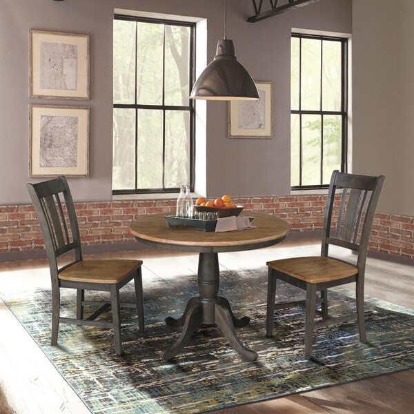 International Concepts Round 36 in Rd Top Pedestal Table, 2 San Remo Chairs, Hickory/Washed Coal, 36 in W, 36 in L, Wood - K45-36RT-C10-2