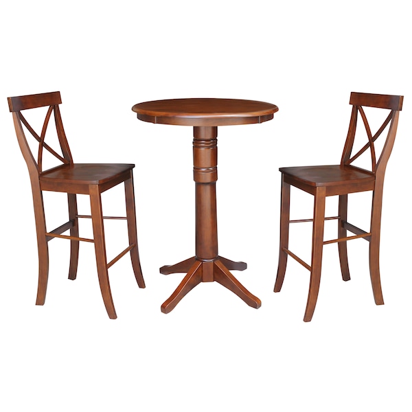 International Concepts Round 30 in Rd Pedestals Bar Height Table, 2 Bar Height Stools, Espresso, 30 in W, 30 in L, Wood - K581-30RT-27B-S6133-2