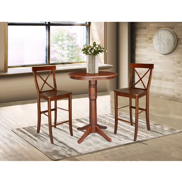 International Concepts Round 30 in Rd Pedestals Bar Height Table, 2 Bar Height Stools, Espresso, 30 in W, 30 in L, Wood - K581-30RT-27B-S6133-2