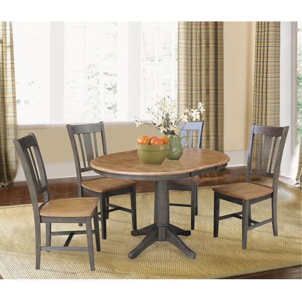 International Concepts Round 36 in Rd Extension Dining table, 4 RTA chairs, Hickory/Washed Coal, 36 in W, 48 in L, 30.1 in H - K45-36RXT-27B-C10-4