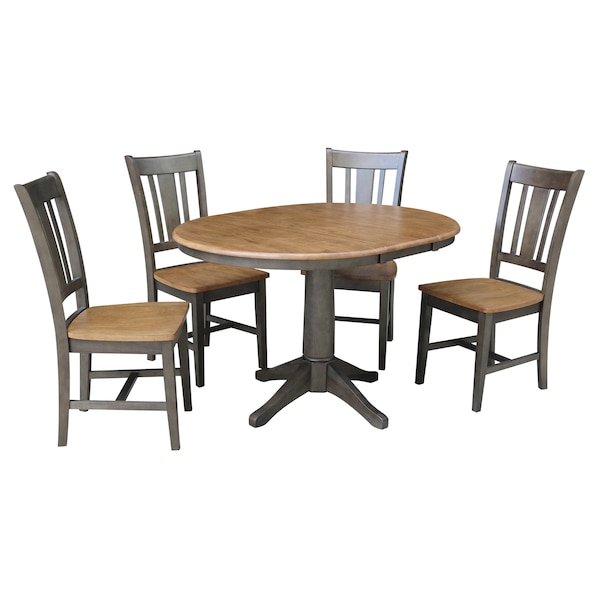 International Concepts Round 36 in Rd Extension Dining table, 4 RTA chairs, Hickory/Washed Coal, 36 in W, 48 in L, 30.1 in H - K45-36RXT-27B-C10-4