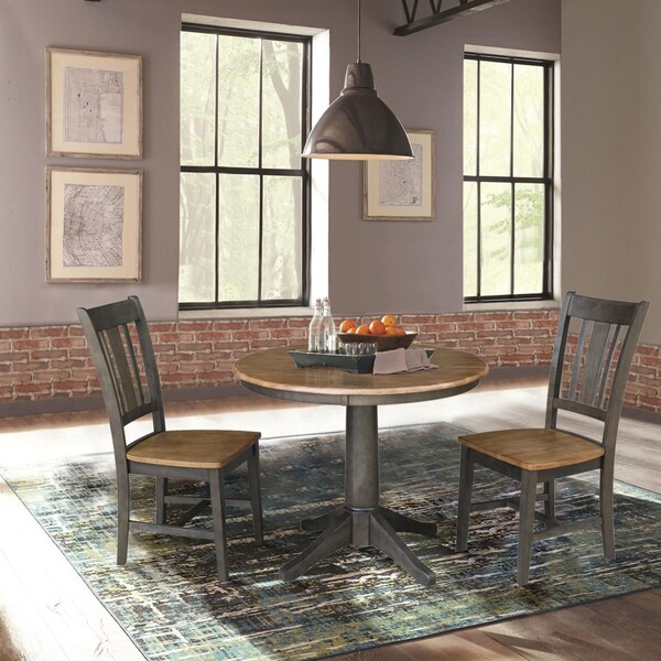 International Concepts Round 36 in Rd Top Pedestal Table, 2 San Remo Chairs, Hickory/Washed Coal, 36 in W, 36 in L, Wood - K45-36RT-27B-C10-2
