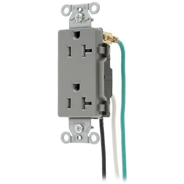 Hubbell Wiring Device-Kellems Straight Blade Devices, Receptacles, Duplex, Decorator/Commercial/Industrial Grade, 20A 125V, 5-20R, Pre-Wired 8"Stranded Leads - DR20GRYP2