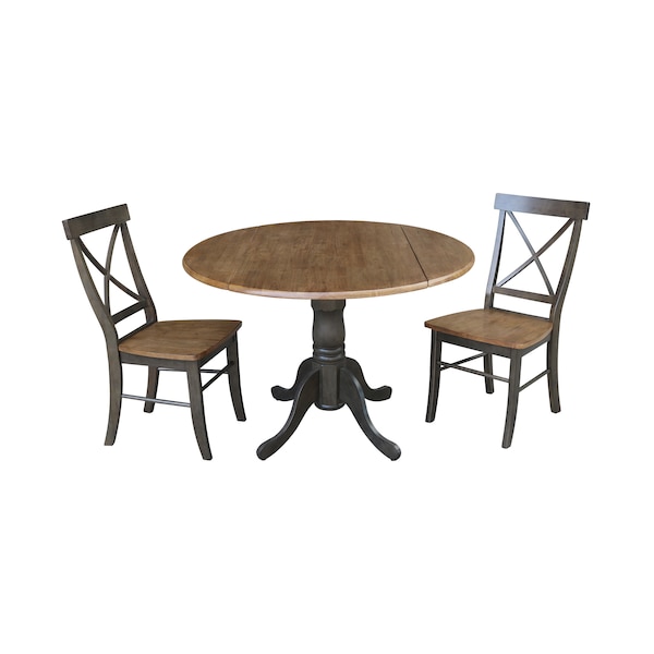 International Concepts Round 42 in Dual Drop Leaf Table, 2 X-Back Chairs, Hickory/Washed Coal, 42 in W, 42 in L, 29.5 in H - K45-42DP-C613P