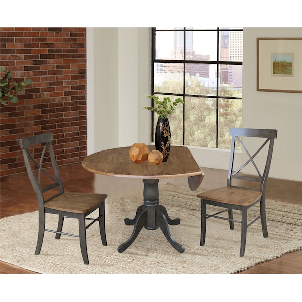 International Concepts Round 42 in Dual Drop Leaf Table, 2 X-Back Chairs, Hickory/Washed Coal, 42 in W, 42 in L, 29.5 in H - K45-42DP-C613P