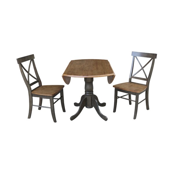 International Concepts Round 42 in Dual Drop Leaf Table, 2 X-Back Chairs, Hickory/Washed Coal, 42 in W, 42 in L, 29.5 in H - K45-42DP-C613P