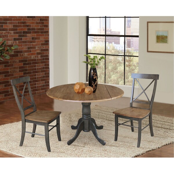 International Concepts Round 42 in Dual Drop Leaf Table, 2 X-Back Chairs, Hickory/Washed Coal, 42 in W, 42 in L, 29.5 in H - K45-42DP-C613P