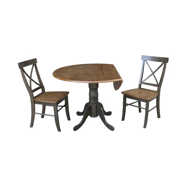 International Concepts Round 42 in Dual Drop Leaf Table, 2 X-Back Chairs, Hickory/Washed Coal, 42 in W, 42 in L, 29.5 in H - K45-42DP-C613P