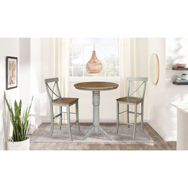 International Concepts Round 36 in Rd Pedestal Bar Ht Table, 2 X-Back Bar Ht Stools, Hickory/Stone, 36 in W, 36 in L, Wood - K41-36RT-27B-S6133-2