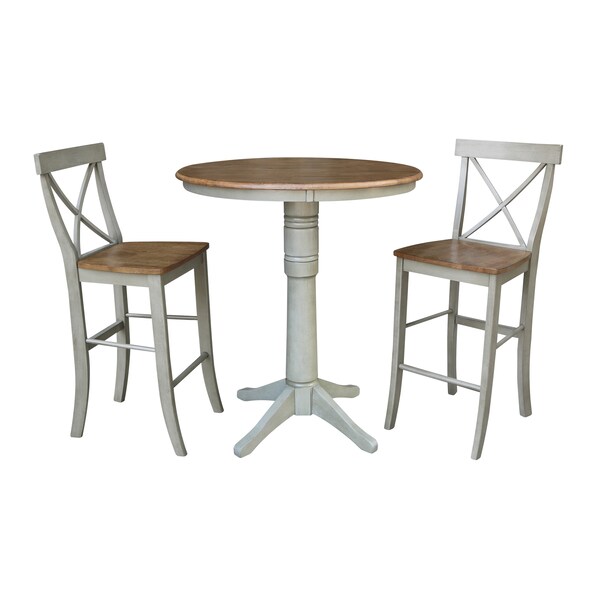 International Concepts Round 36 in Rd Pedestal Bar Ht Table, 2 X-Back Bar Ht Stools, Hickory/Stone, 36 in W, 36 in L, Wood - K41-36RT-27B-S6133-2