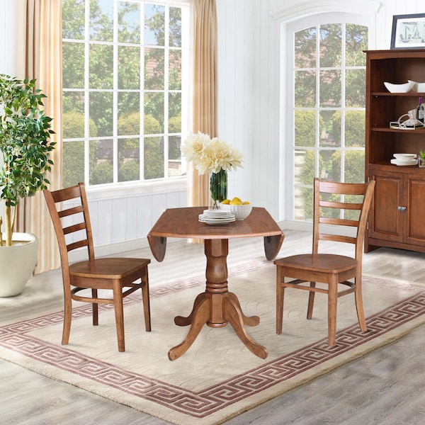 International Concepts Round 42 in Dual Drop Leaf Table, 2 Emily Side Chairs, Distressed Oak, 42 in W, 42 in L, 29.5 in H - K42-42DP-C617P