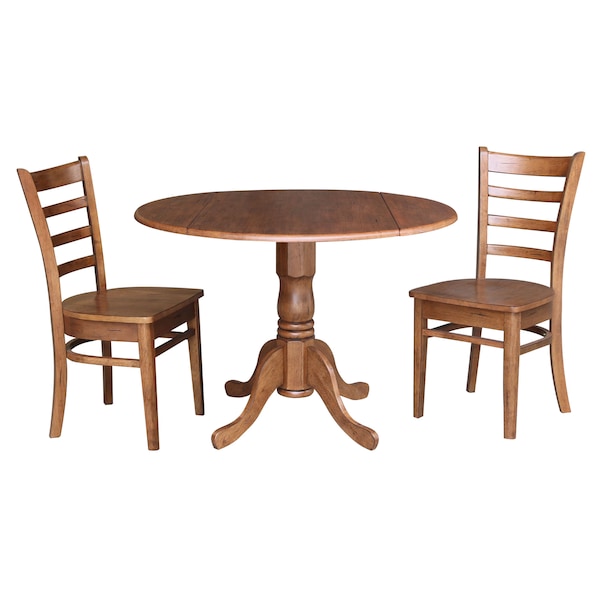 International Concepts Round 42 in Dual Drop Leaf Table, 2 Emily Side Chairs, Distressed Oak, 42 in W, 42 in L, 29.5 in H - K42-42DP-C617P