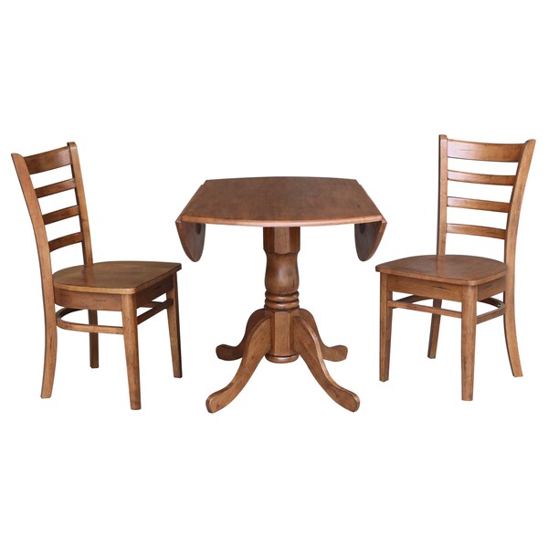 International Concepts Round 42 in Dual Drop Leaf Table, 2 Emily Side Chairs, Distressed Oak, 42 in W, 42 in L, 29.5 in H - K42-42DP-C617P