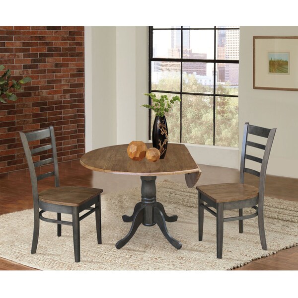 International Concepts Round 42 in Dual Drop Leaf Table, 2 Emily Side Chairs, Hickory/Washed Coal, 42 in W, 42 in L, Wood - K45-42DP-C617P