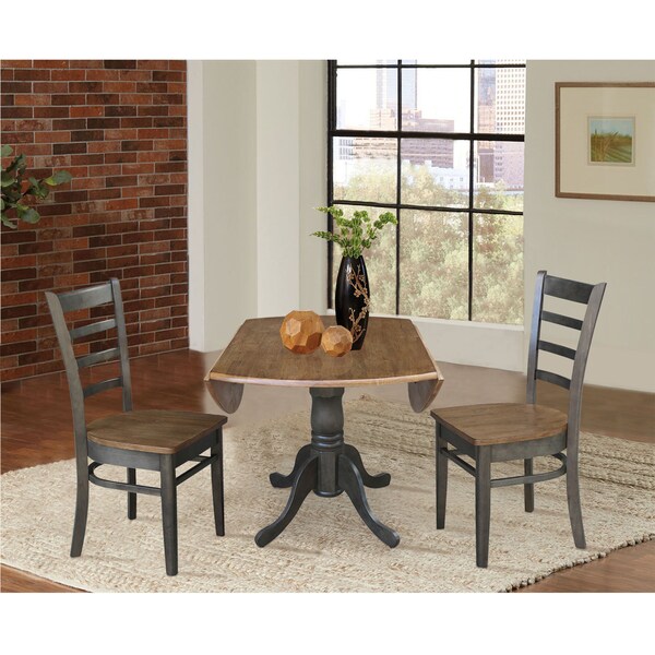 International Concepts Round 42 in Dual Drop Leaf Table, 2 Emily Side Chairs, Hickory/Washed Coal, 42 in W, 42 in L, Wood - K45-42DP-C617P