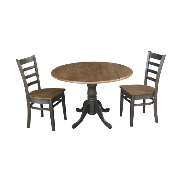 International Concepts Round 42 in Dual Drop Leaf Table, 2 Emily Side Chairs, Hickory/Washed Coal, 42 in W, 42 in L, Wood - K45-42DP-C617P