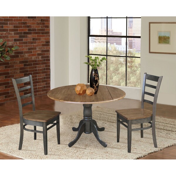 International Concepts Round 42 in Dual Drop Leaf Table, 2 Emily Side Chairs, Hickory/Washed Coal, 42 in W, 42 in L, Wood - K45-42DP-C617P