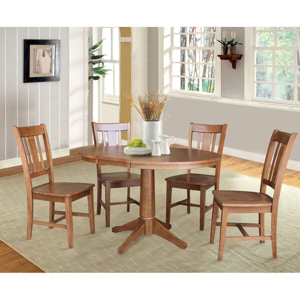 International Concepts Round 36 in Round Extension Dining Table with 4 Chairs, Distressed Oak, 36 in W, 48 in L, 30.1 in H - K42-36RXT-27B-C10-4