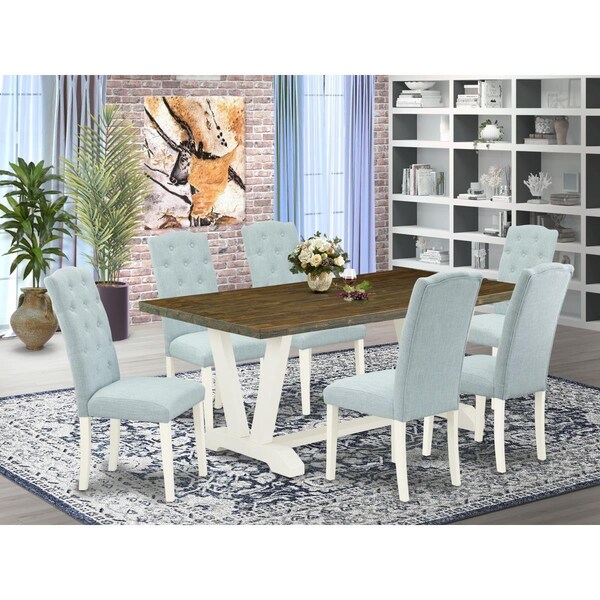 East West Furniture 7 Piece V-Style Dining Room Set - Linen White - V077CE215-7