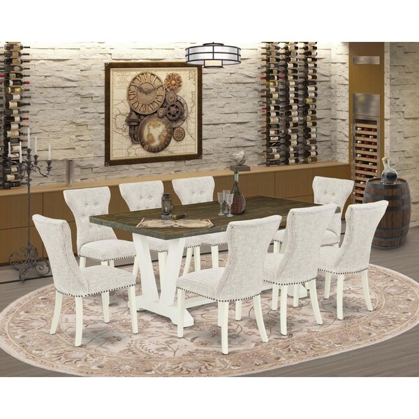 East West Furniture 9 Piece V-Style Dining Table Set - Linen White - V077GA235-9