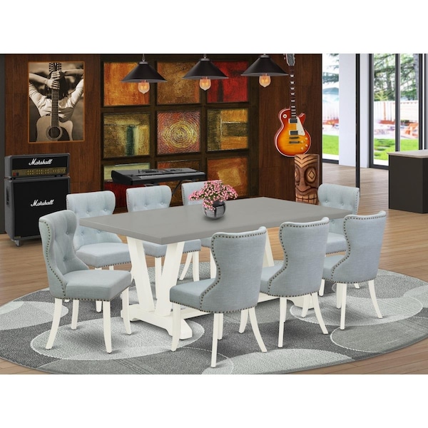 East West Furniture 9 Piece V-Style Dining Table Set - Linen White - V097SI215-9