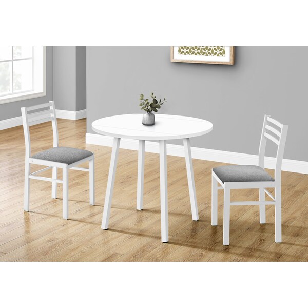 Monarch Specialties Dining Table Set, 3pcs Set, Small, 35 in. Drop Leaf, Kitchen, White Metal And Laminate, Grey Fabric - I 1011
