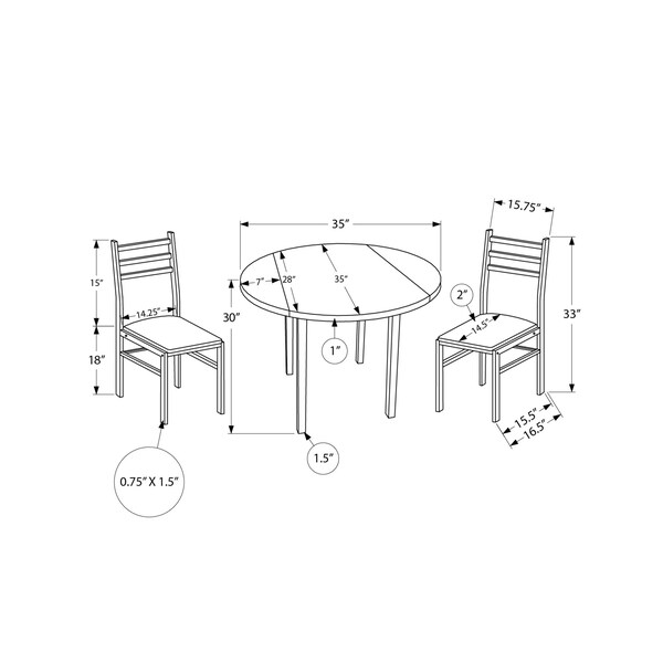 Monarch Specialties Dining Table Set, 3pcs Set, Small, 35 in. Drop Leaf, Kitchen, White Metal And Laminate, Grey Fabric - I 1011