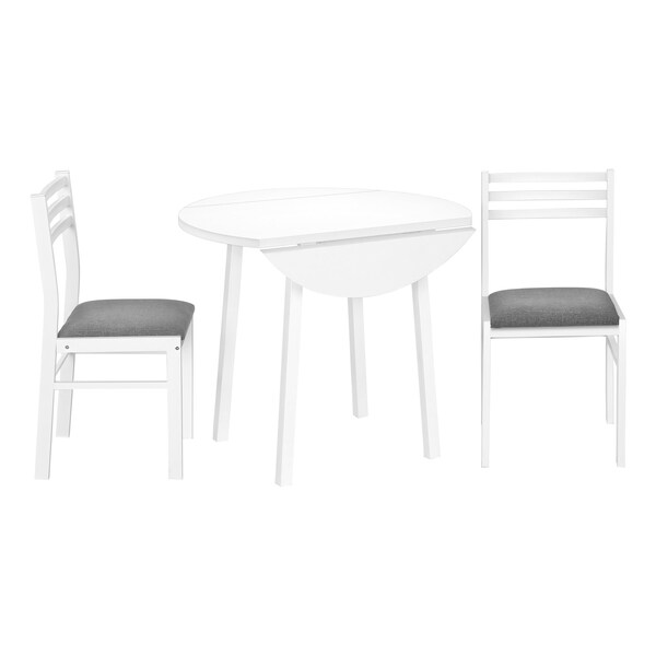 Monarch Specialties Dining Table Set, 3pcs Set, Small, 35 in. Drop Leaf, Kitchen, White Metal And Laminate, Grey Fabric - I 1011