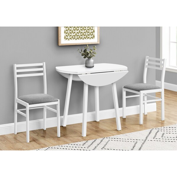 Monarch Specialties Dining Table Set, 3pcs Set, Small, 35 in. Drop Leaf, Kitchen, White Metal And Laminate, Grey Fabric - I 1011