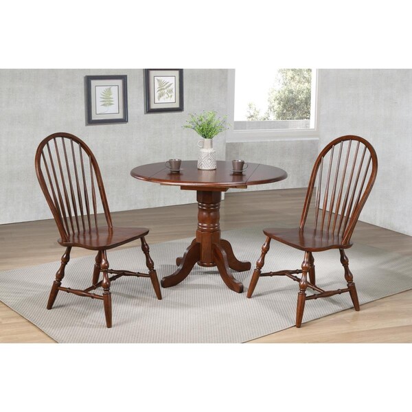 Fine-Line 42 in. Round Drop Leaf Dining Set in Chestnut with Spindleback Chairs 3 Piece - FI3200375