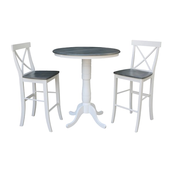 International Concepts Round 36 in Rd Extend Dining Table, 2 X-Back Bar Ht Stools, White/Heather Gray, 36 in W, 48 in L - K05-36RXT-6B-S6133-2
