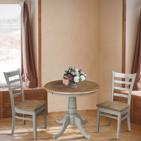 International Concepts Round 30 in Rd Top Pedestal Table, 2 Emily Chairs, Hickory/Stone, 30 in W, 30 in L, 29.1 in H, Wood - K41-30RT-C617P