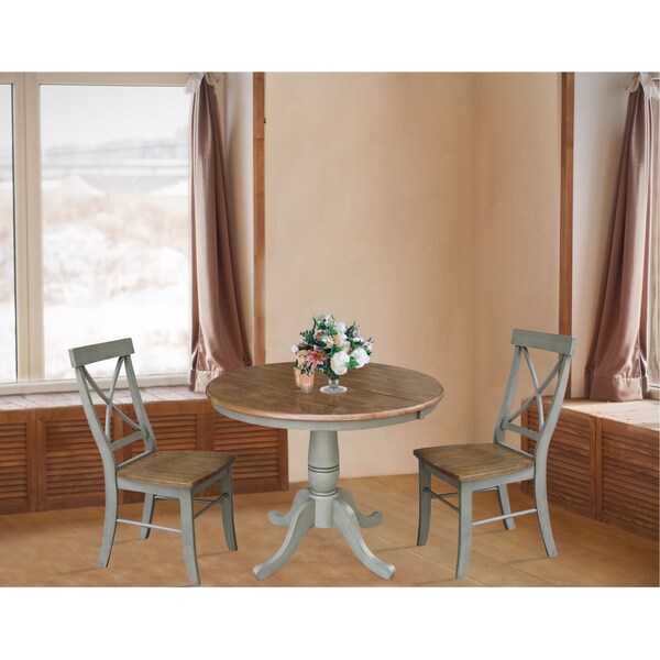 International Concepts Round 36 in Rd Extension Dining Table, 2 X-back Chairs, Hickory/Stone, 36 in W, 48 in L, 29.3 in H - K41-36RXT-C613-2