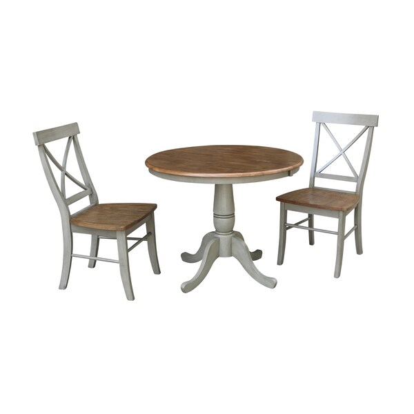 International Concepts Round 36 in Rd Extension Dining Table, 2 X-back Chairs, Hickory/Stone, 36 in W, 48 in L, 29.3 in H - K41-36RXT-C613-2