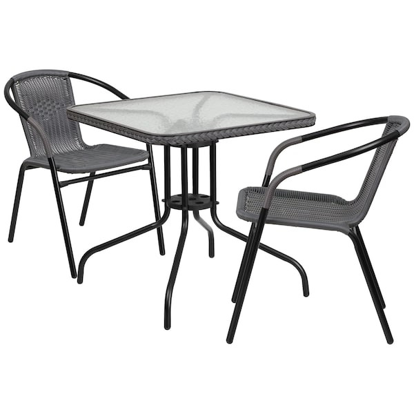 Flash Furniture Square Metal Table, Sqr w/Rattan Chairs, Gray, 28", 28 W, 28 L, 28 H, Clear - TLH-073SQ-037GY2-GG