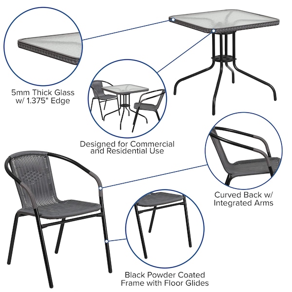 Flash Furniture Square Metal Table, Sqr w/Rattan Chairs, Gray, 28", 28 W, 28 L, 28 H, Clear - TLH-073SQ-037GY2-GG