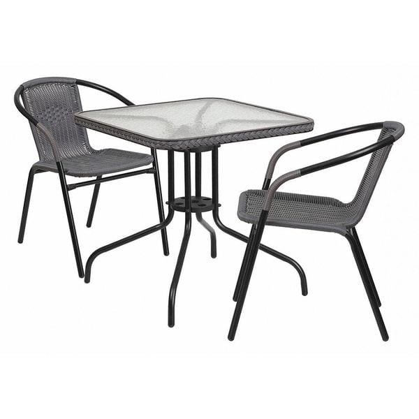 Flash Furniture Square Metal Table, Sqr w/Rattan Chairs, Gray, 28", 28 W, 28 L, 28 H, Clear - TLH-073SQ-037GY2-GG