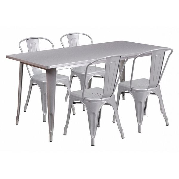 Flash Furniture Rectangle Silver Metal Table Set, 31-1/2"X63", 31.5" W, 63" L, 29.5" H, Metal, Grey - ET-CT005-4-30-SIL-GG