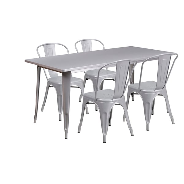Flash Furniture Rectangle Silver Metal Table Set, 31-1/2"X63", 31.5" W, 63" L, 29.5" H, Metal, Grey - ET-CT005-4-30-SIL-GG