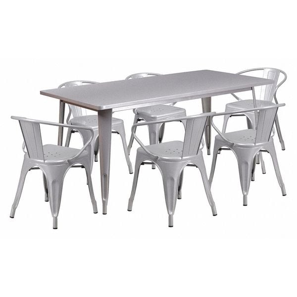 Flash Furniture Rectangle Silver Metal Table Set, 31-1/2"X63", 31.5" W, 63" L, 29.5" H, Metal, Grey - ET-CT005-6-70-SIL-GG