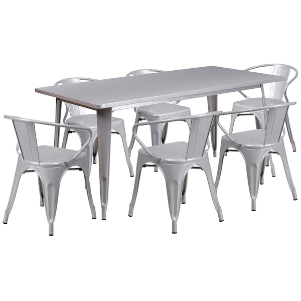 Flash Furniture Rectangle Silver Metal Table Set, 31-1/2"X63", 31.5" W, 63" L, 29.5" H, Metal, Grey - ET-CT005-6-70-SIL-GG