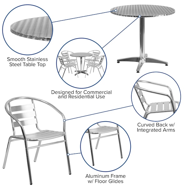 Flash Furniture Round Table Set, 31.5 W, 31.5 L, 27.5 H, Aluminum, Plastic, Stainless Steel, Grey - TLH-ALUM-32RD-017BCHR4-GG